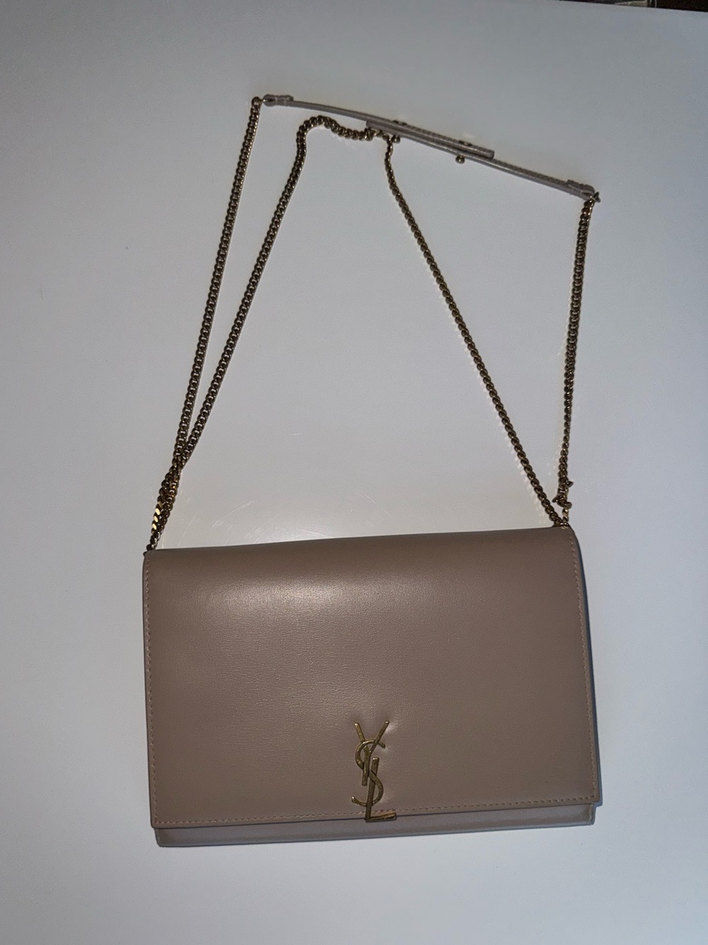 Saint Laurent Taupe Leather Crossbody with Gold Chain